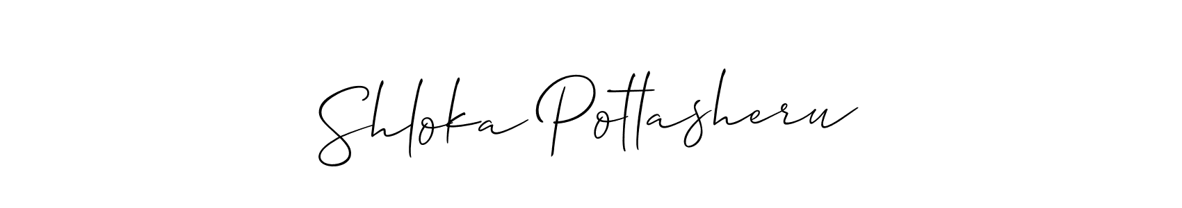 Make a beautiful signature design for name Shloka Potlasheru. With this signature (Allison_Script) style, you can create a handwritten signature for free. Shloka Potlasheru signature style 2 images and pictures png