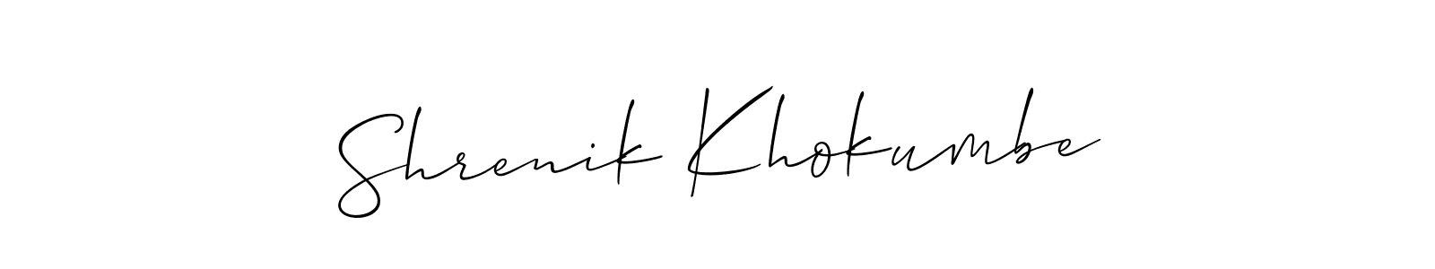 The best way (Allison_Script) to make a short signature is to pick only two or three words in your name. The name Shrenik Khokumbe include a total of six letters. For converting this name. Shrenik Khokumbe signature style 2 images and pictures png