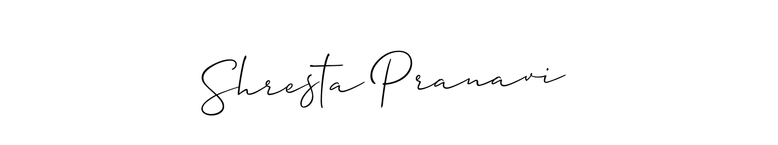 The best way (Allison_Script) to make a short signature is to pick only two or three words in your name. The name Shresta Pranavi  include a total of six letters. For converting this name. Shresta Pranavi  signature style 2 images and pictures png