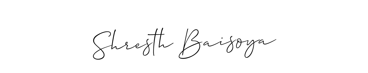 The best way (Allison_Script) to make a short signature is to pick only two or three words in your name. The name Shresth Baisoya include a total of six letters. For converting this name. Shresth Baisoya signature style 2 images and pictures png