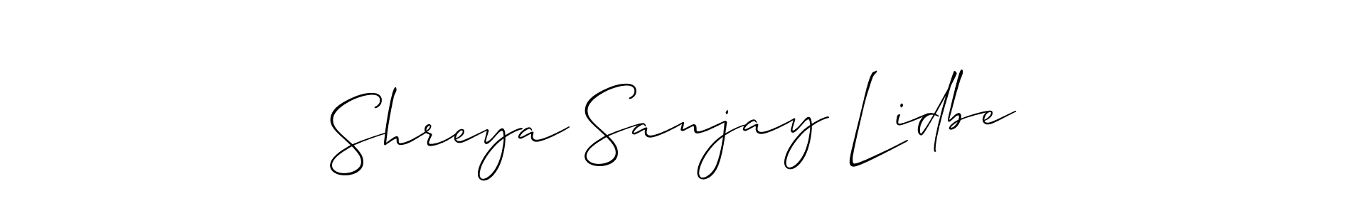 The best way (Allison_Script) to make a short signature is to pick only two or three words in your name. The name Shreya Sanjay Lidbe include a total of six letters. For converting this name. Shreya Sanjay Lidbe signature style 2 images and pictures png