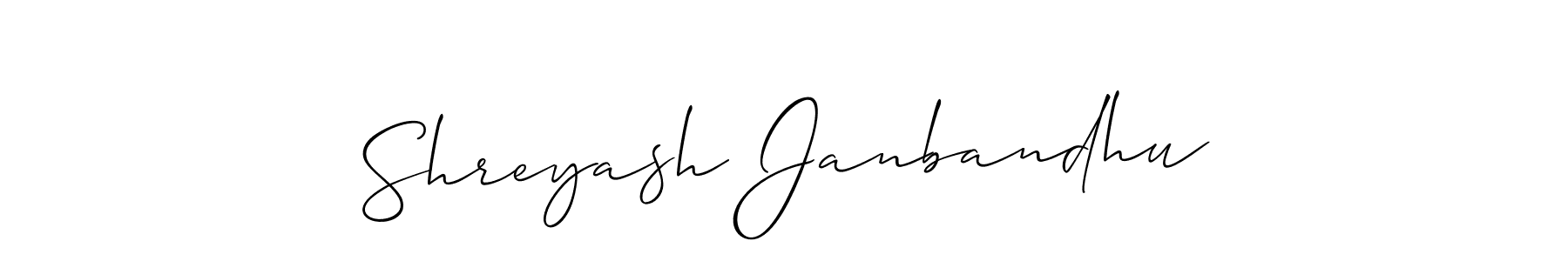 How to make Shreyash Janbandhu name signature. Use Allison_Script style for creating short signs online. This is the latest handwritten sign. Shreyash Janbandhu signature style 2 images and pictures png