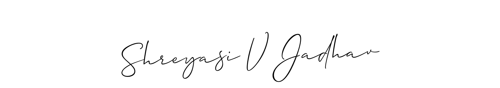 The best way (Allison_Script) to make a short signature is to pick only two or three words in your name. The name Shreyasi V Jadhav include a total of six letters. For converting this name. Shreyasi V Jadhav signature style 2 images and pictures png