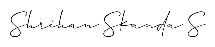 A sleek calligraphic signature for name Shrihan Skanda S utilizing Allison_Script styling. Great for adding personal signatures to photos and art. Shrihan Skanda S signature style 2 images and pictures png