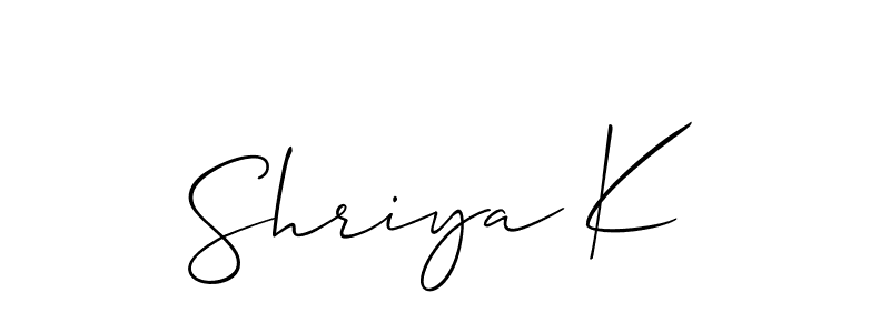 Also we have Shriya K name is the best signature style. Create professional handwritten signature collection using Allison_Script autograph style. Shriya K signature style 2 images and pictures png