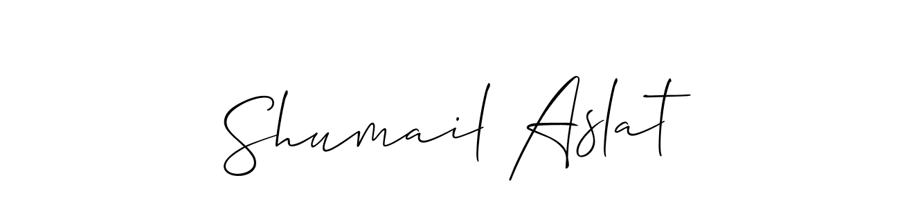 The best way (Allison_Script) to make a short signature is to pick only two or three words in your name. The name Shumail Aslat include a total of six letters. For converting this name. Shumail Aslat signature style 2 images and pictures png