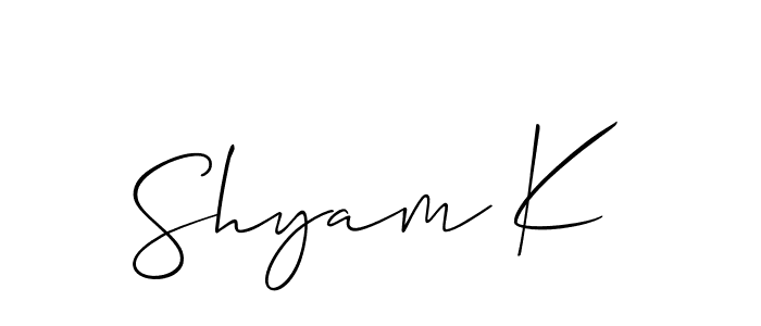 The best way (Allison_Script) to make a short signature is to pick only two or three words in your name. The name Shyam K include a total of six letters. For converting this name. Shyam K signature style 2 images and pictures png