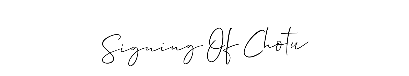 Make a short Signing Of Chotu signature style. Manage your documents anywhere anytime using Allison_Script. Create and add eSignatures, submit forms, share and send files easily. Signing Of Chotu signature style 2 images and pictures png