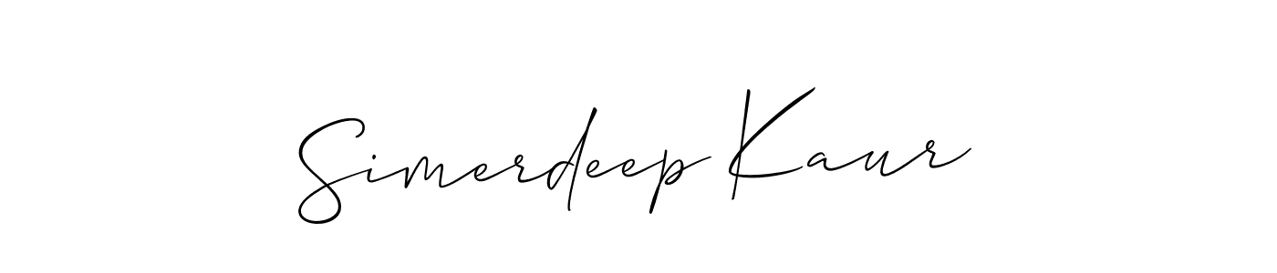 The best way (Allison_Script) to make a short signature is to pick only two or three words in your name. The name Simerdeep Kaur include a total of six letters. For converting this name. Simerdeep Kaur signature style 2 images and pictures png