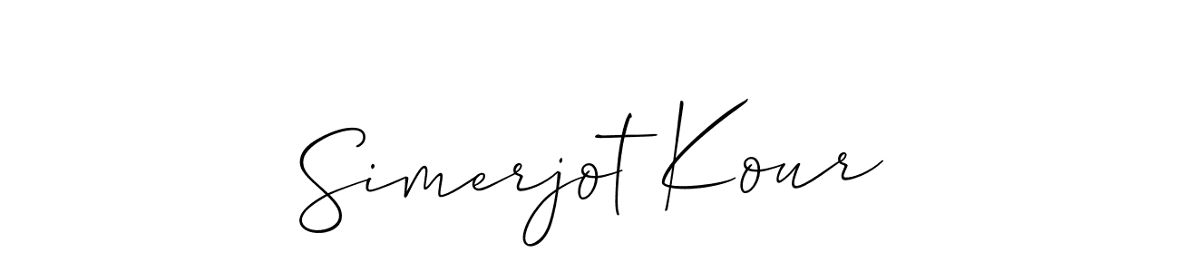Allison_Script is a professional signature style that is perfect for those who want to add a touch of class to their signature. It is also a great choice for those who want to make their signature more unique. Get Simerjot Kour name to fancy signature for free. Simerjot Kour signature style 2 images and pictures png