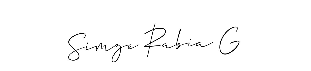 Use a signature maker to create a handwritten signature online. With this signature software, you can design (Allison_Script) your own signature for name Simge Rabia G. Simge Rabia G signature style 2 images and pictures png