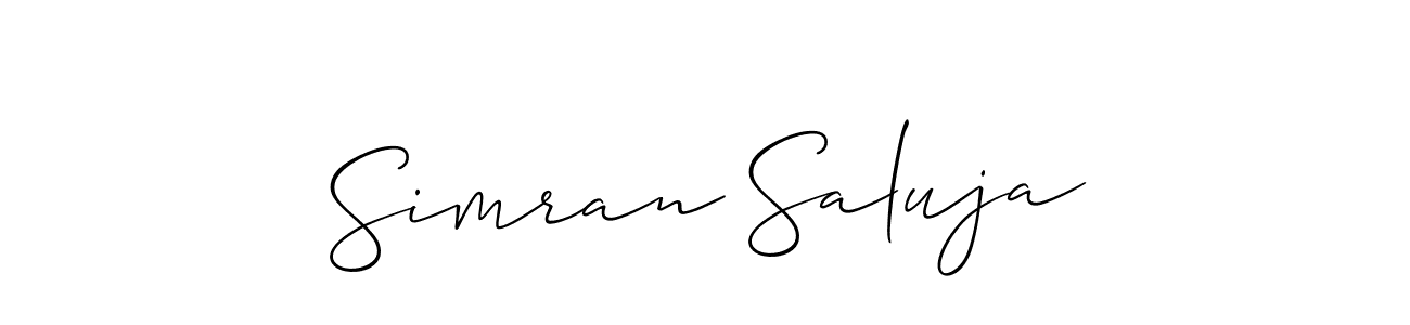 The best way (Allison_Script) to make a short signature is to pick only two or three words in your name. The name Simran Saluja include a total of six letters. For converting this name. Simran Saluja signature style 2 images and pictures png