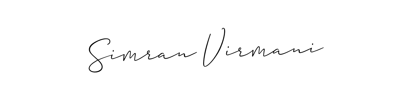 The best way (Allison_Script) to make a short signature is to pick only two or three words in your name. The name Simran Virmani include a total of six letters. For converting this name. Simran Virmani signature style 2 images and pictures png