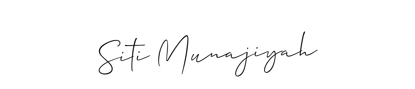 Allison_Script is a professional signature style that is perfect for those who want to add a touch of class to their signature. It is also a great choice for those who want to make their signature more unique. Get Siti Munajiyah name to fancy signature for free. Siti Munajiyah signature style 2 images and pictures png
