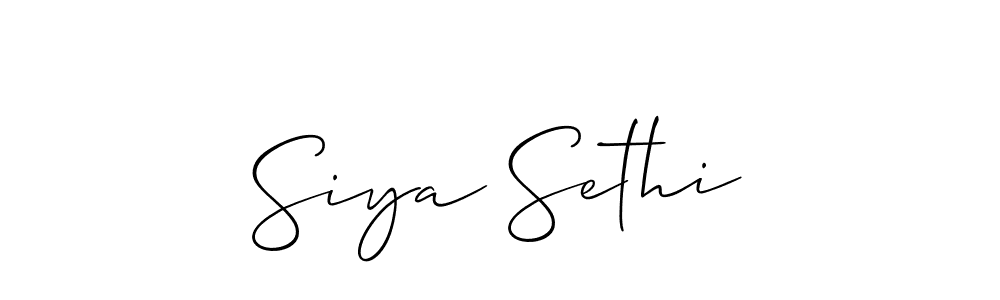 The best way (Allison_Script) to make a short signature is to pick only two or three words in your name. The name Siya Sethi include a total of six letters. For converting this name. Siya Sethi signature style 2 images and pictures png