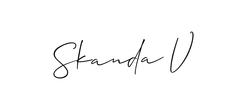 Allison_Script is a professional signature style that is perfect for those who want to add a touch of class to their signature. It is also a great choice for those who want to make their signature more unique. Get Skanda V name to fancy signature for free. Skanda V signature style 2 images and pictures png