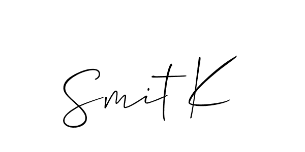 Similarly Allison_Script is the best handwritten signature design. Signature creator online .You can use it as an online autograph creator for name Smit K. Smit K signature style 2 images and pictures png