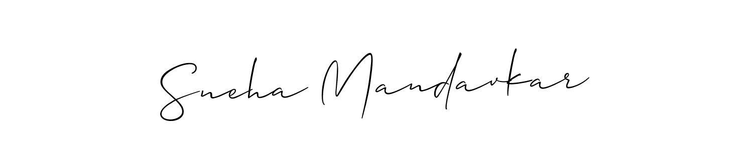 The best way (Allison_Script) to make a short signature is to pick only two or three words in your name. The name Sneha Mandavkar include a total of six letters. For converting this name. Sneha Mandavkar signature style 2 images and pictures png