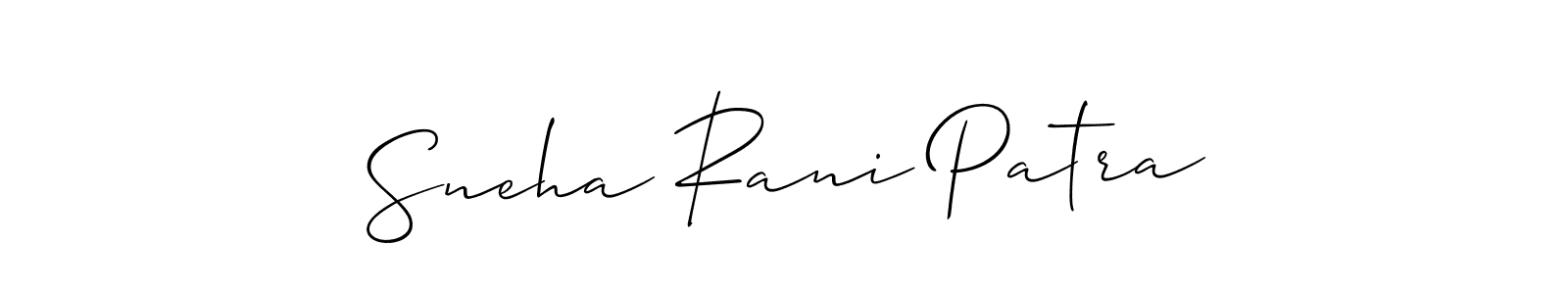 The best way (Allison_Script) to make a short signature is to pick only two or three words in your name. The name Sneha Rani Patra include a total of six letters. For converting this name. Sneha Rani Patra signature style 2 images and pictures png