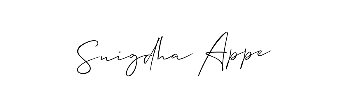 The best way (Allison_Script) to make a short signature is to pick only two or three words in your name. The name Snigdha Appe include a total of six letters. For converting this name. Snigdha Appe signature style 2 images and pictures png