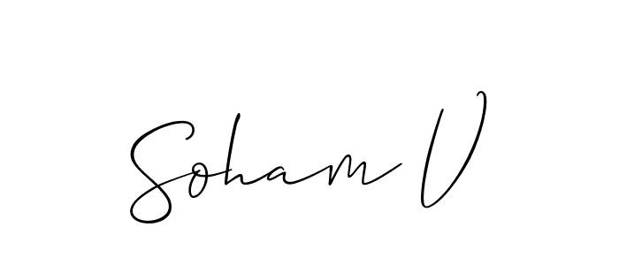 The best way (Allison_Script) to make a short signature is to pick only two or three words in your name. The name Soham V include a total of six letters. For converting this name. Soham V signature style 2 images and pictures png