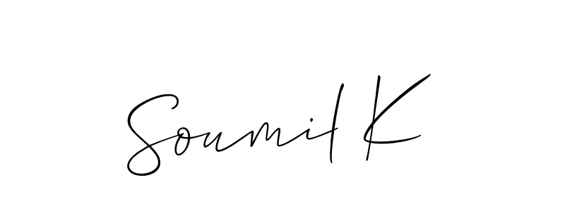 The best way (Allison_Script) to make a short signature is to pick only two or three words in your name. The name Soumil K include a total of six letters. For converting this name. Soumil K signature style 2 images and pictures png