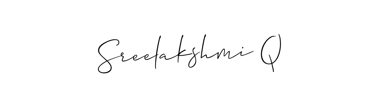 The best way (Allison_Script) to make a short signature is to pick only two or three words in your name. The name Sreelakshmi Q include a total of six letters. For converting this name. Sreelakshmi Q signature style 2 images and pictures png