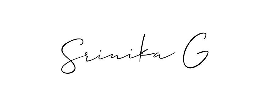 The best way (Allison_Script) to make a short signature is to pick only two or three words in your name. The name Srinika G include a total of six letters. For converting this name. Srinika G signature style 2 images and pictures png