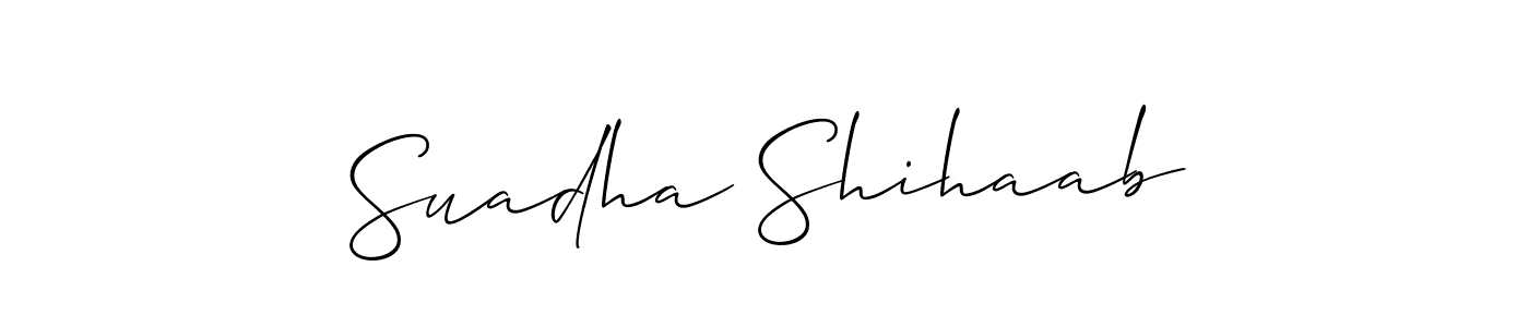 How to make Suadha Shihaab name signature. Use Allison_Script style for creating short signs online. This is the latest handwritten sign. Suadha Shihaab signature style 2 images and pictures png