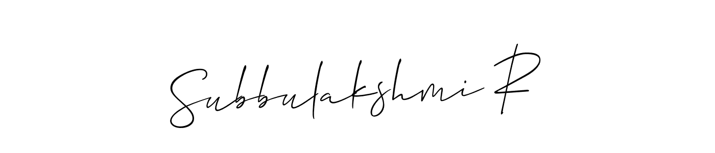 The best way (Allison_Script) to make a short signature is to pick only two or three words in your name. The name Subbulakshmi R include a total of six letters. For converting this name. Subbulakshmi R signature style 2 images and pictures png