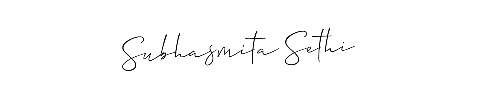 The best way (Allison_Script) to make a short signature is to pick only two or three words in your name. The name Subhasmita Sethi include a total of six letters. For converting this name. Subhasmita Sethi signature style 2 images and pictures png