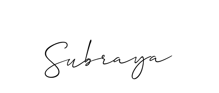 The best way (Allison_Script) to make a short signature is to pick only two or three words in your name. The name Subraya include a total of six letters. For converting this name. Subraya signature style 2 images and pictures png