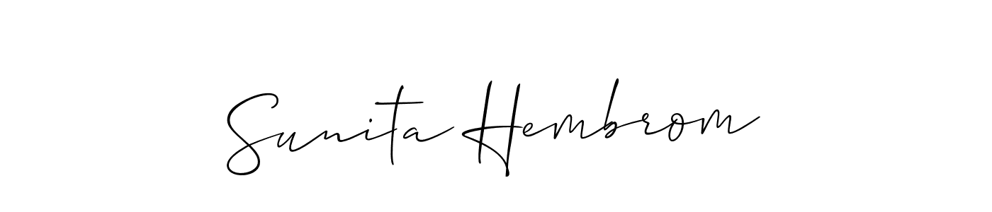 The best way (Allison_Script) to make a short signature is to pick only two or three words in your name. The name Sunita Hembrom include a total of six letters. For converting this name. Sunita Hembrom signature style 2 images and pictures png