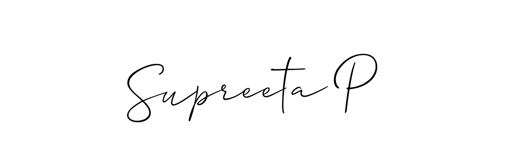 Use a signature maker to create a handwritten signature online. With this signature software, you can design (Allison_Script) your own signature for name Supreeta P. Supreeta P signature style 2 images and pictures png