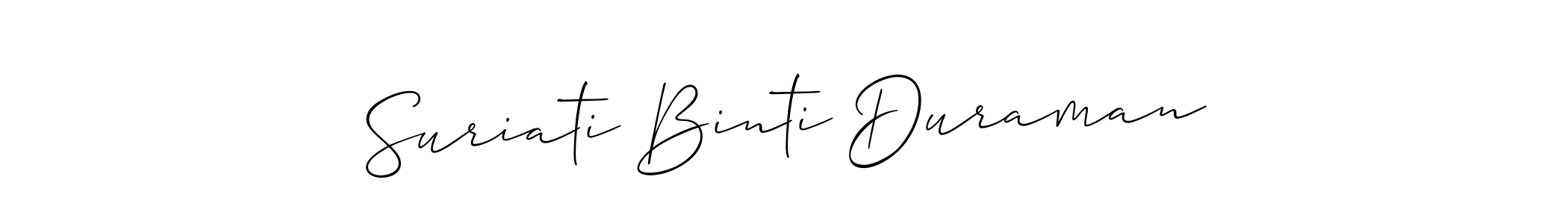 if you are searching for the best signature style for your name Suriati Binti Duraman. so please give up your signature search. here we have designed multiple signature styles  using Allison_Script. Suriati Binti Duraman signature style 2 images and pictures png