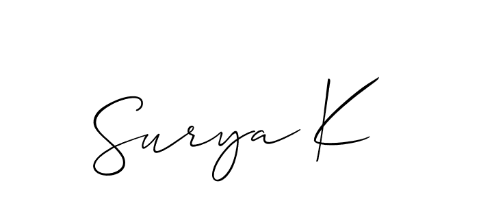 Use a signature maker to create a handwritten signature online. With this signature software, you can design (Allison_Script) your own signature for name Surya K. Surya K signature style 2 images and pictures png