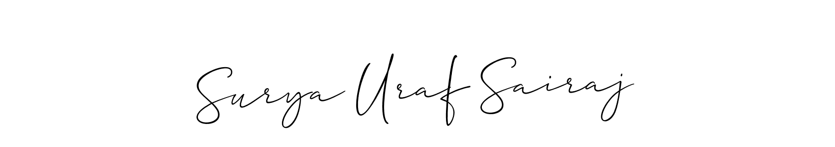 The best way (Allison_Script) to make a short signature is to pick only two or three words in your name. The name Surya Uraf Sairaj include a total of six letters. For converting this name. Surya Uraf Sairaj signature style 2 images and pictures png