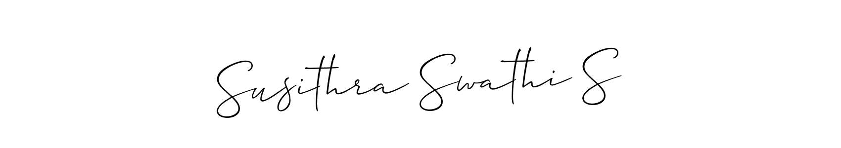 The best way (Allison_Script) to make a short signature is to pick only two or three words in your name. The name Susithra Swathi S include a total of six letters. For converting this name. Susithra Swathi S signature style 2 images and pictures png