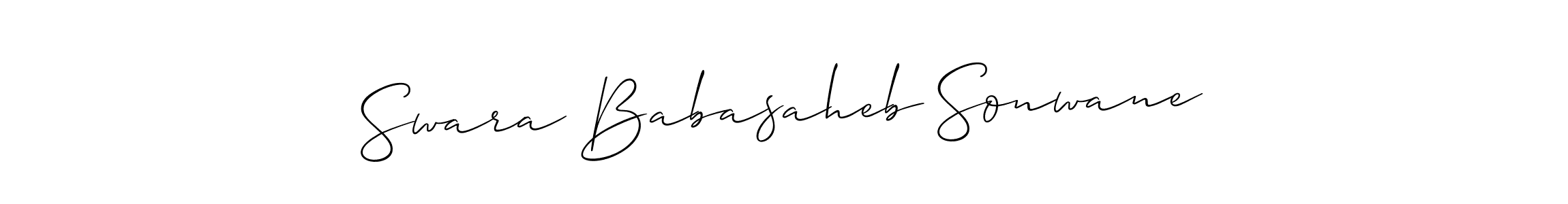 The best way (Allison_Script) to make a short signature is to pick only two or three words in your name. The name Swara Babasaheb Sonwane include a total of six letters. For converting this name. Swara Babasaheb Sonwane signature style 2 images and pictures png