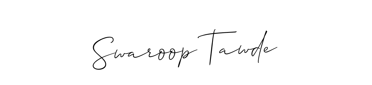 The best way (Allison_Script) to make a short signature is to pick only two or three words in your name. The name Swaroop Tawde include a total of six letters. For converting this name. Swaroop Tawde signature style 2 images and pictures png