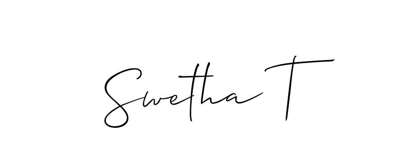 The best way (Allison_Script) to make a short signature is to pick only two or three words in your name. The name Swetha T include a total of six letters. For converting this name. Swetha T signature style 2 images and pictures png
