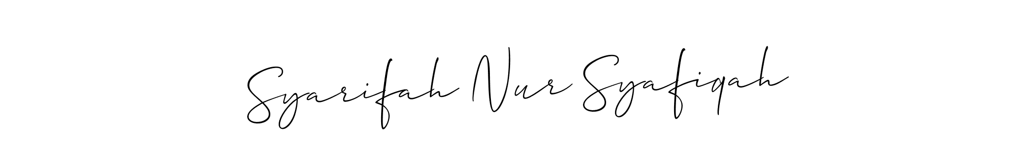 Allison_Script is a professional signature style that is perfect for those who want to add a touch of class to their signature. It is also a great choice for those who want to make their signature more unique. Get Syarifah Nur Syafiqah name to fancy signature for free. Syarifah Nur Syafiqah signature style 2 images and pictures png