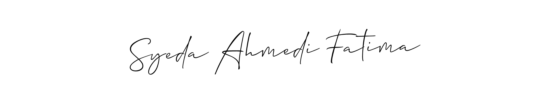 The best way (Allison_Script) to make a short signature is to pick only two or three words in your name. The name Syeda Ahmedi Fatima include a total of six letters. For converting this name. Syeda Ahmedi Fatima signature style 2 images and pictures png