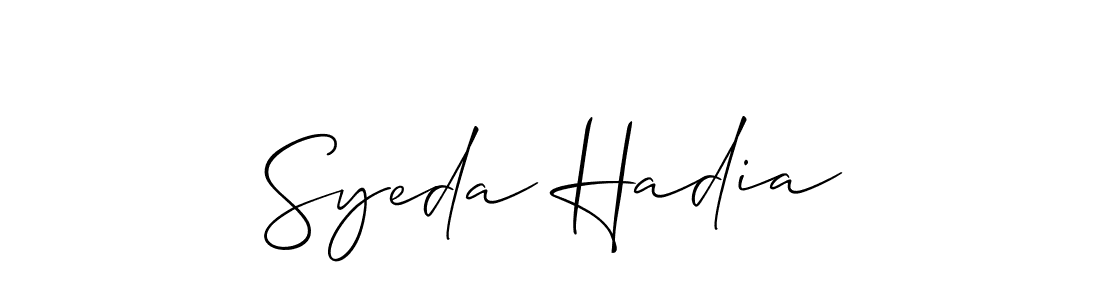Also You can easily find your signature by using the search form. We will create Syeda Hadia name handwritten signature images for you free of cost using Allison_Script sign style. Syeda Hadia signature style 2 images and pictures png