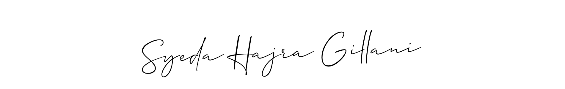 The best way (Allison_Script) to make a short signature is to pick only two or three words in your name. The name Syeda Hajra Gillani include a total of six letters. For converting this name. Syeda Hajra Gillani signature style 2 images and pictures png