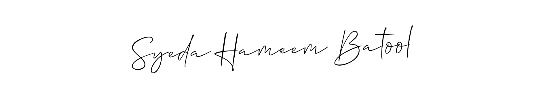 The best way (Allison_Script) to make a short signature is to pick only two or three words in your name. The name Syeda Hameem Batool include a total of six letters. For converting this name. Syeda Hameem Batool signature style 2 images and pictures png