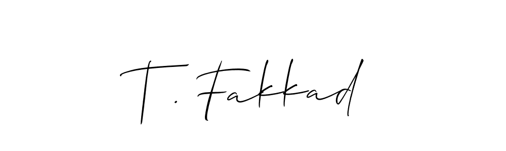Also You can easily find your signature by using the search form. We will create T . Fakkad name handwritten signature images for you free of cost using Allison_Script sign style. T . Fakkad signature style 2 images and pictures png