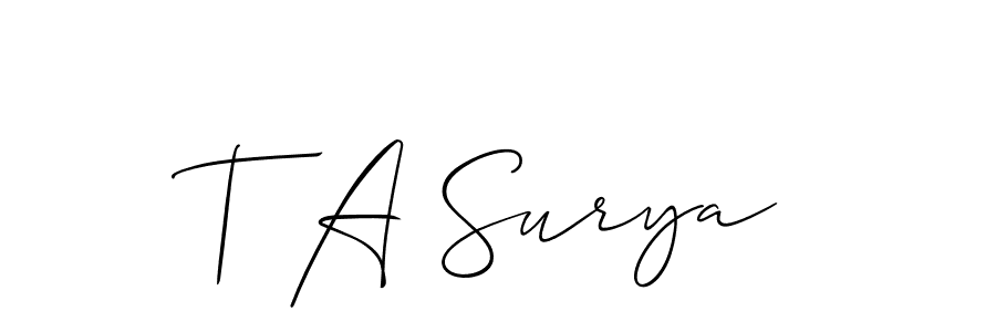 Make a short T A Surya signature style. Manage your documents anywhere anytime using Allison_Script. Create and add eSignatures, submit forms, share and send files easily. T A Surya signature style 2 images and pictures png