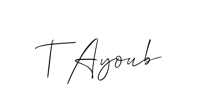 The best way (Allison_Script) to make a short signature is to pick only two or three words in your name. The name T Ayoub include a total of six letters. For converting this name. T Ayoub signature style 2 images and pictures png