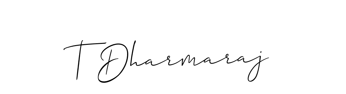 The best way (Allison_Script) to make a short signature is to pick only two or three words in your name. The name T Dharmaraj include a total of six letters. For converting this name. T Dharmaraj signature style 2 images and pictures png